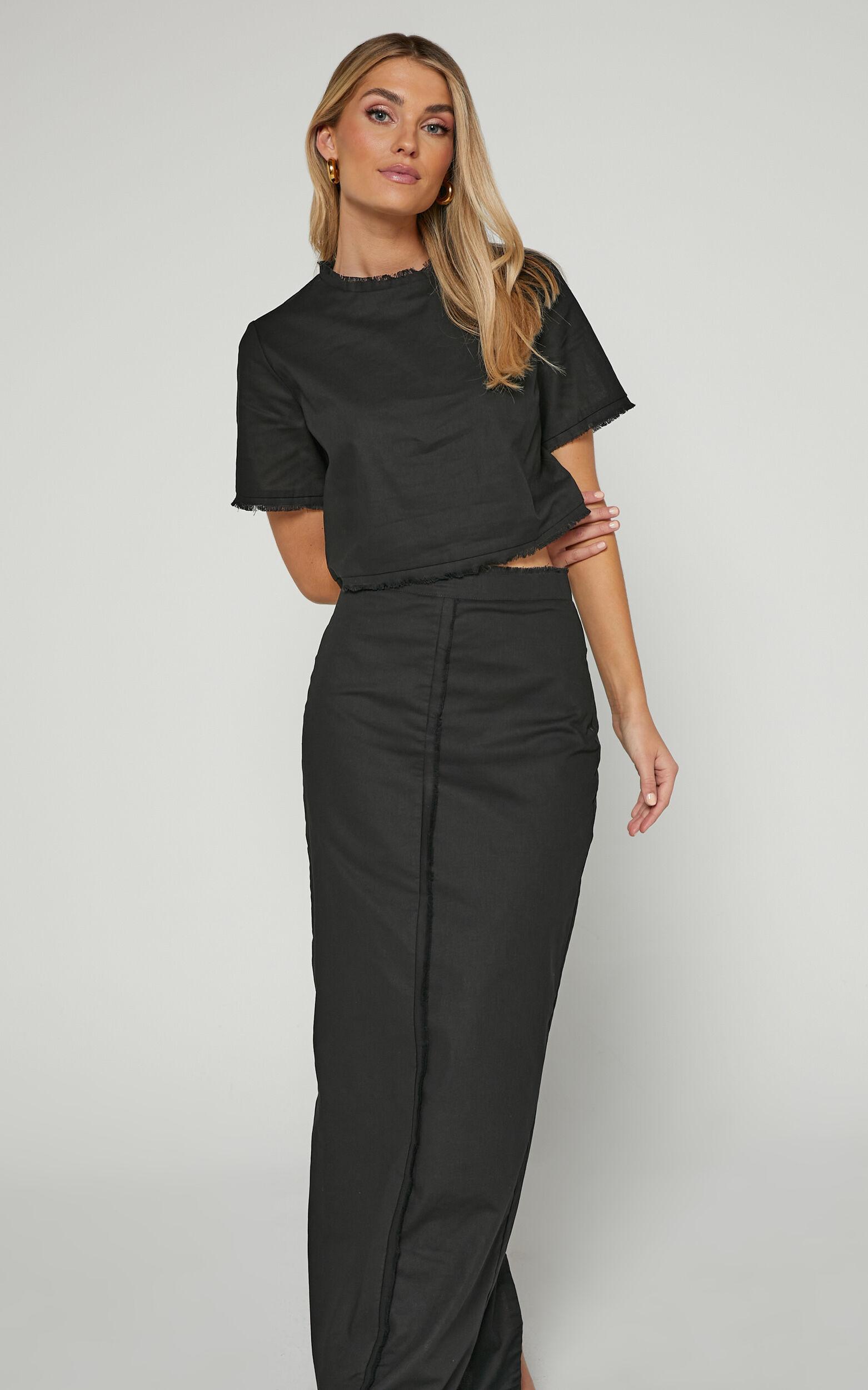 Tisdale Two Piece Set - Linen Look Scoop Neck Short Sleeve Cropped Top and Maxi Skirt in Black Product Image