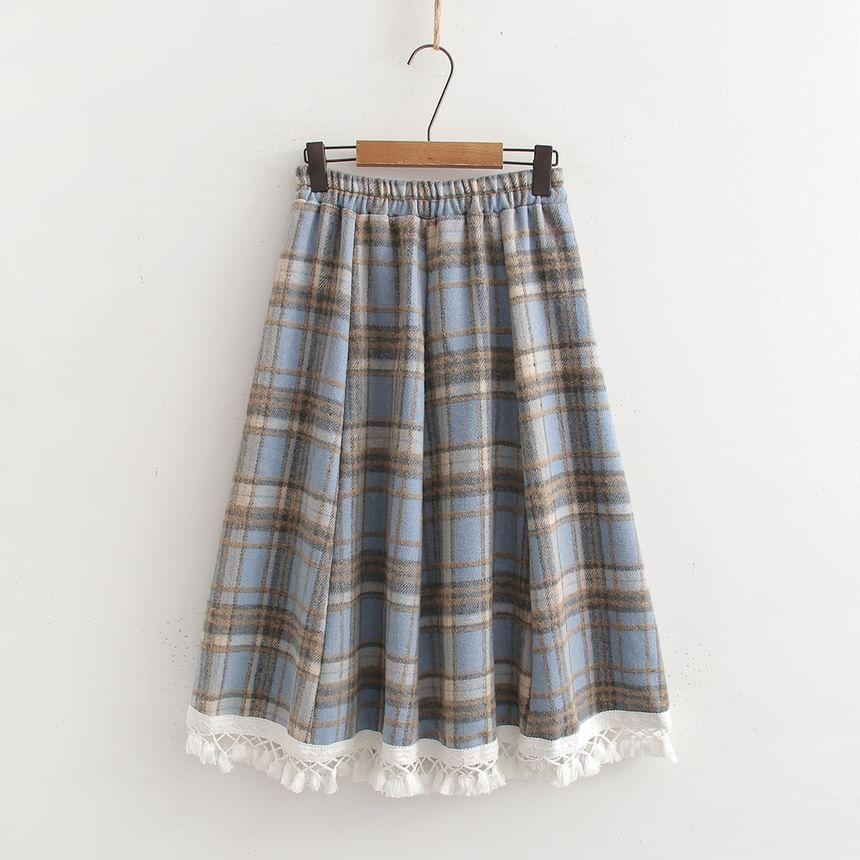 High Waist Plaid Lace Trim Midi A-Line Skirt (Various Designs) Product Image