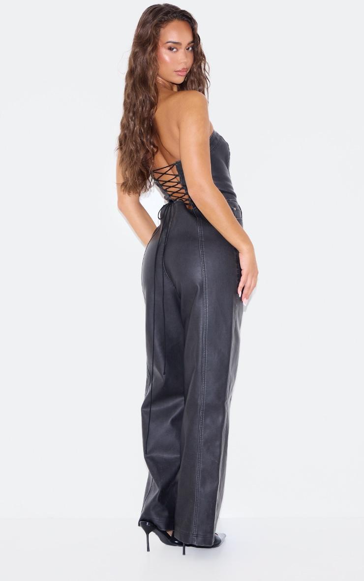 Black Faux Leather Bandeau Lace Back Straight Leg Jumpsuit Product Image