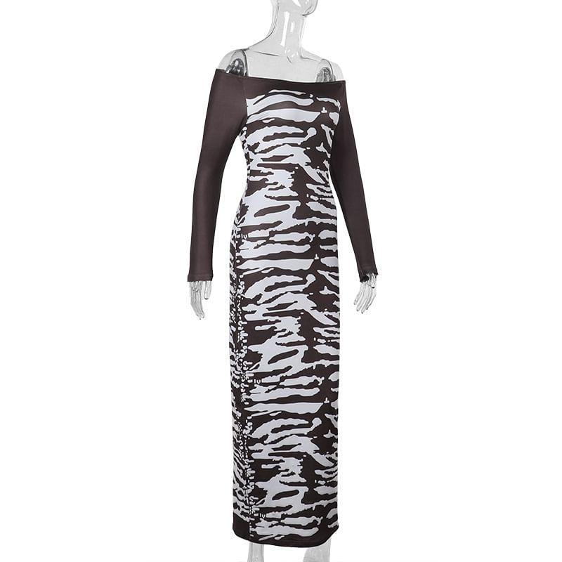 Long Sleeve Off Shoulder Patterned Print Maxi Sheath Dress Product Image