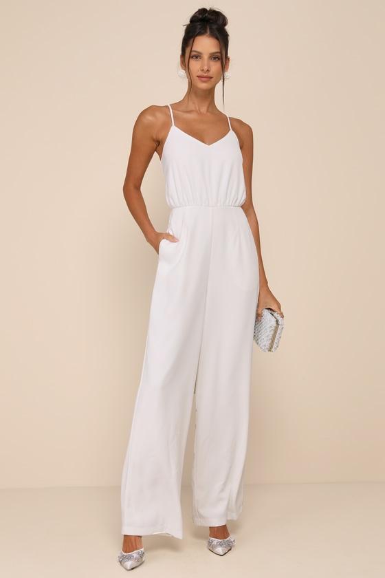 Flawless Pose White V-Neck Sleeveless Wide-Leg Jumpsuit Product Image