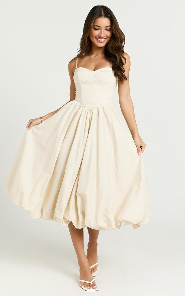 Kara Midi Dress - Strapped Bustier Bubble Hem Dress in Cream Product Image