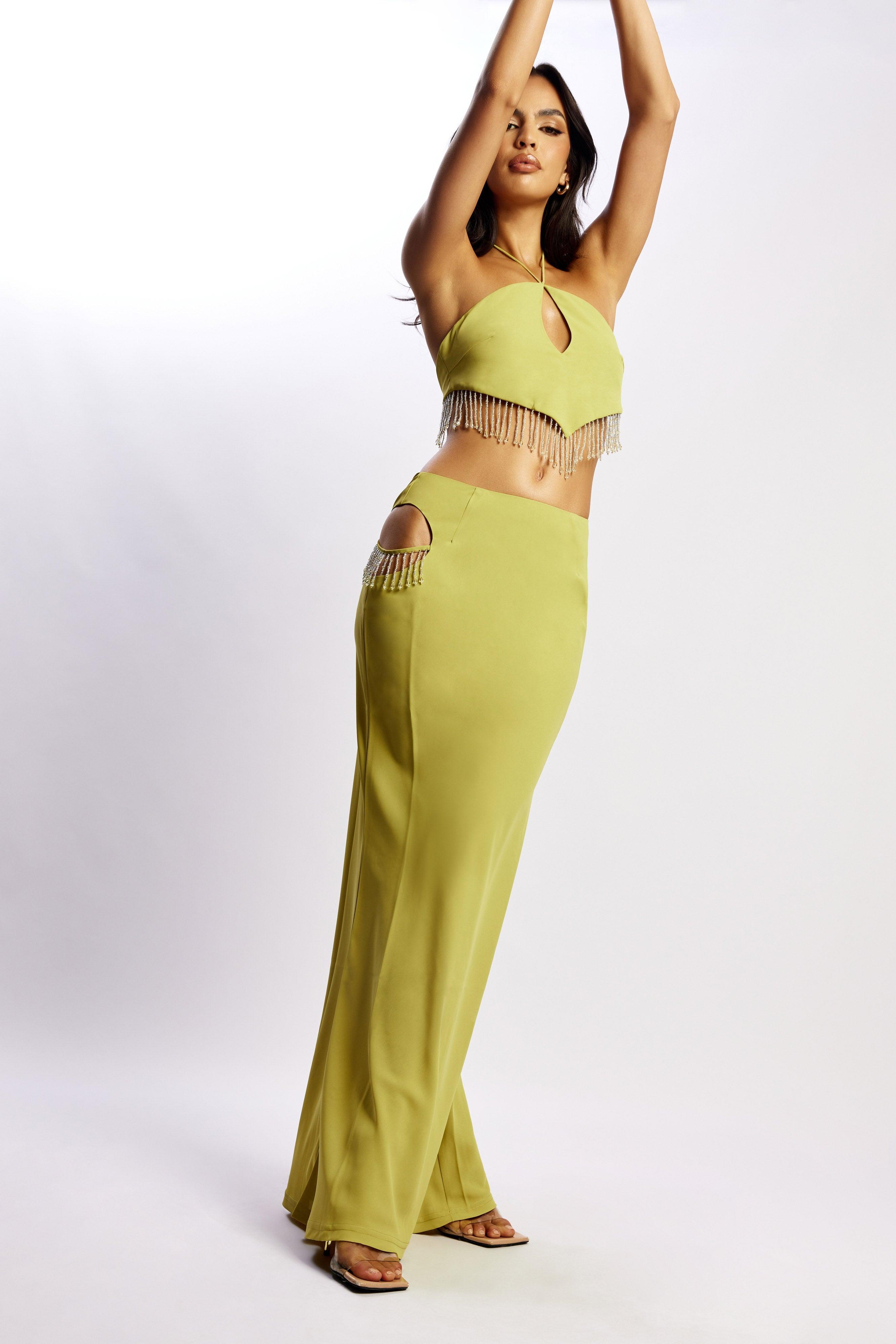 Jayleen Maxi Skirt With Fringe - Chartreuse Product Image