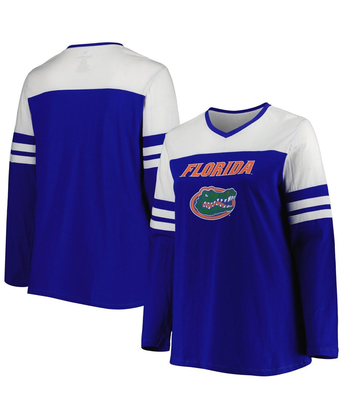 Womens Royal Florida Gators Plus Size Long Sleeve Stripe V-Neck T-shirt Product Image