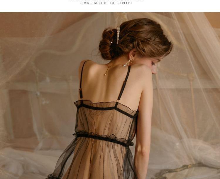 Set: Plain Bow Mesh Nightdress + Thong Product Image