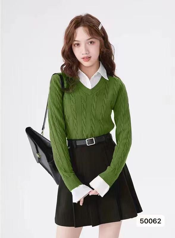 Long-Sleeve Collared Mock Two-Piece Two Tone Cable Knit Panel Blouse Product Image