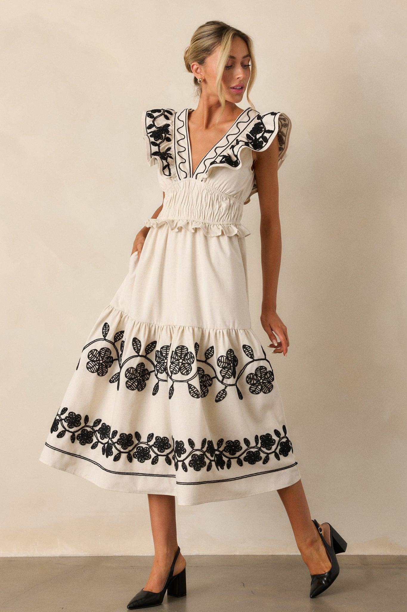 Whispering Pines Beige Flutter Sleeve Midi Dress Product Image