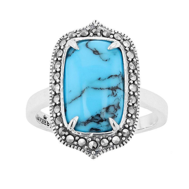 Lavish by TJM Sterling Silver Lab-Created Turquoise Cabochon & Marcasite Rectangular Ring, Womens Product Image