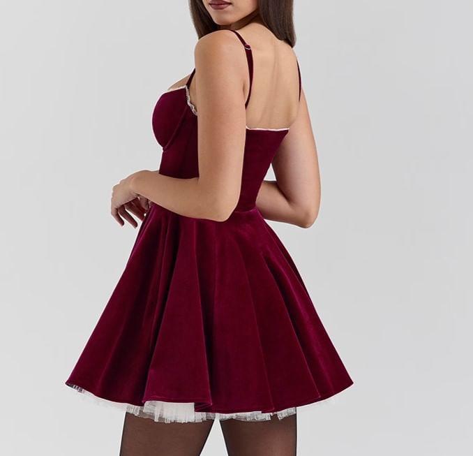 Spaghetti Strap Ruffled-Trim Plain Velvet Slim-Fit Mini A-Line Dress Product Image