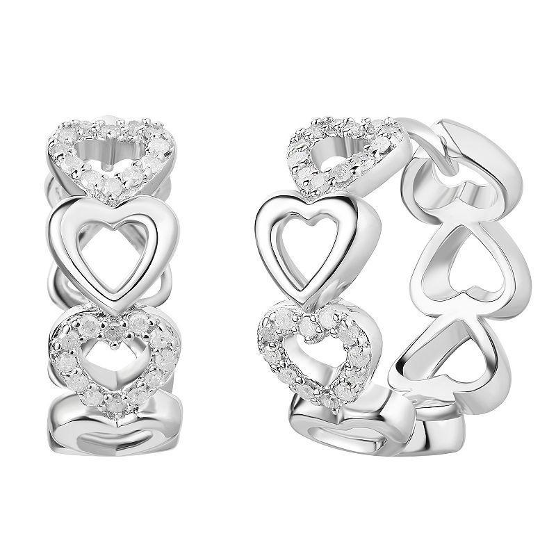 Sterling Silver 1/ 5 Carat T.W. Diamond Heart Hoop Earrings, Womens, White Product Image