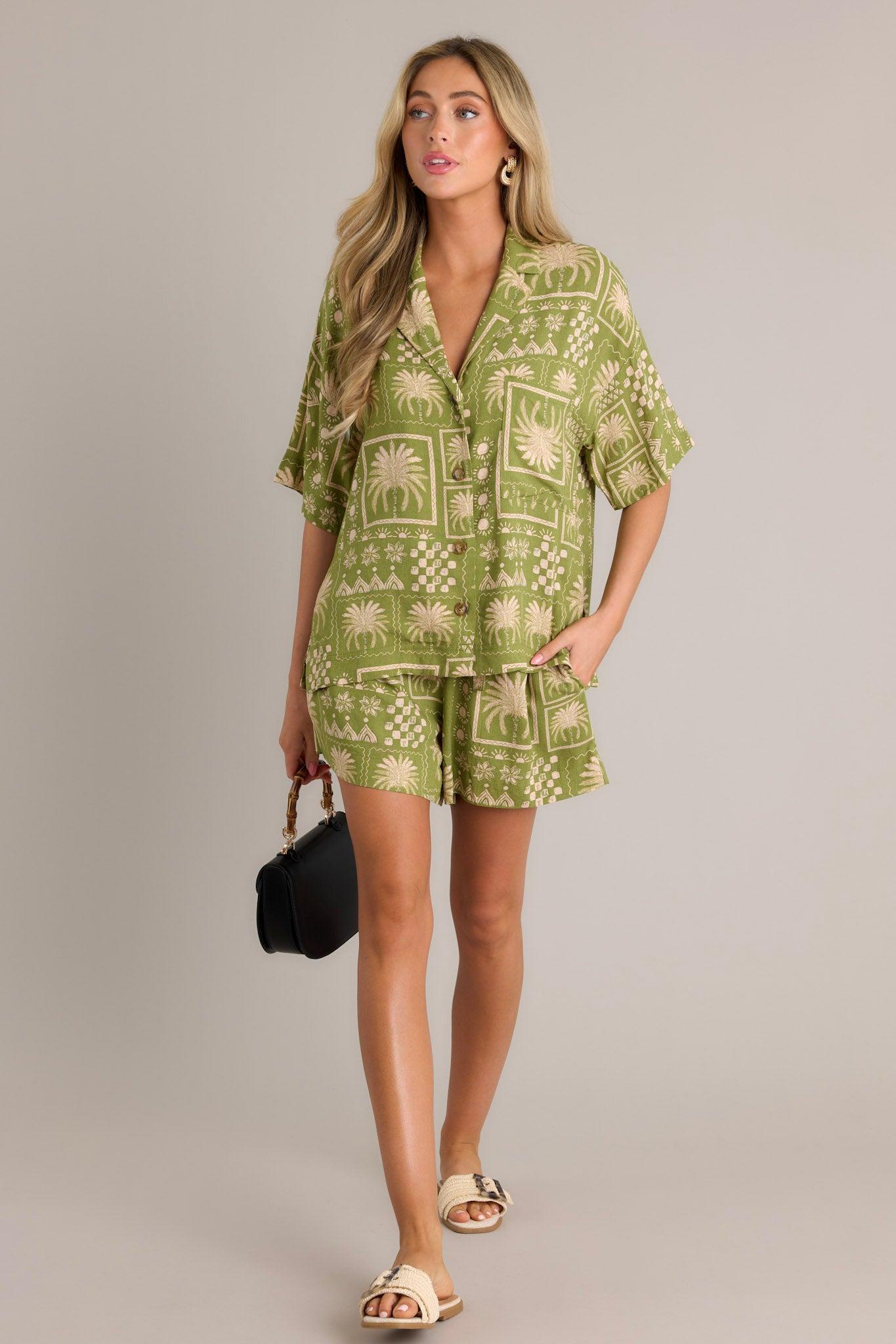 Lost in Paradise Olive Green Tropical Print Shorts Product Image