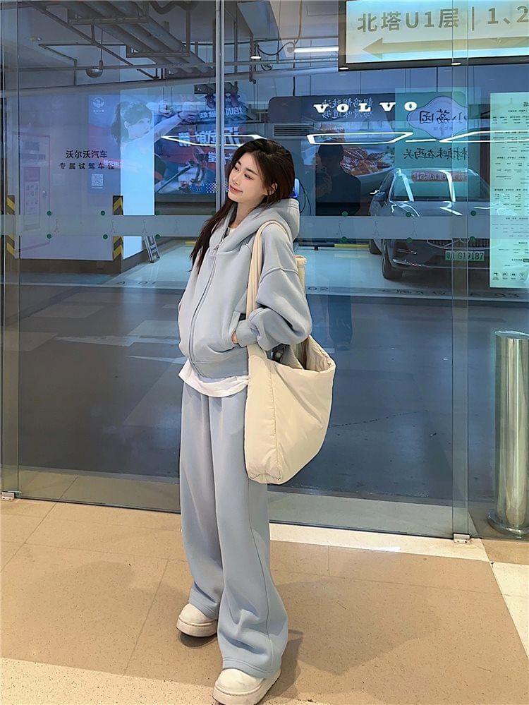 Plain Zip-Up Hoodie / High Waist Wide Leg Sweatpants Product Image