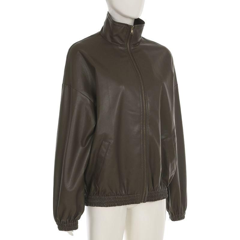 Stand Collar Plain Faux Leather Zip Jacket / Mid Rise Shorts Product Image