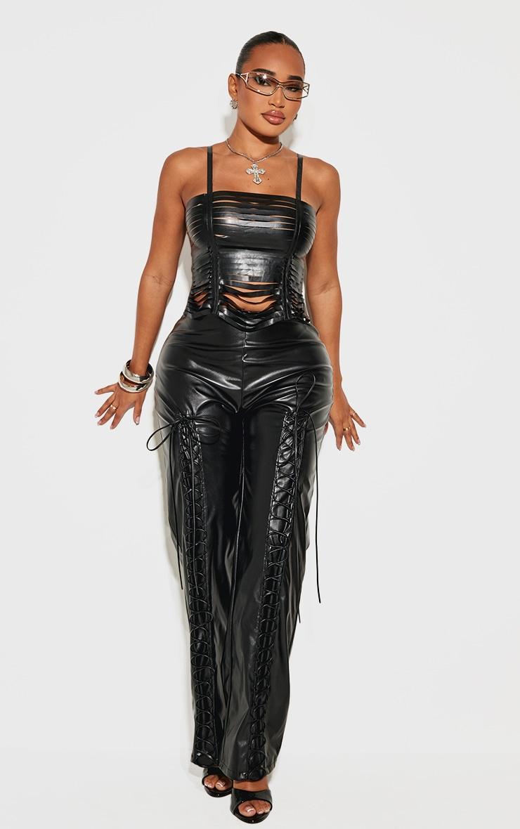 Shape Black Faux Leather Shredded Long Top Product Image