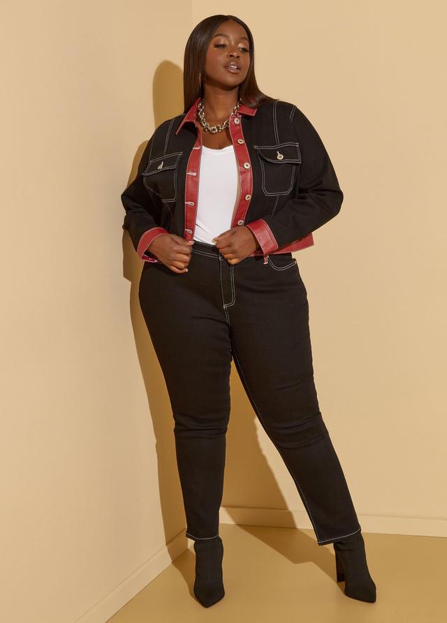 Plus Size Faux Leather Trimmed Slim Jeans Ashley Stewart Product Image