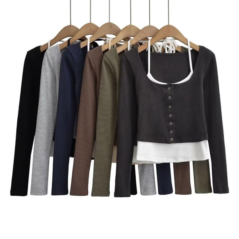 Long-Sleeve Plain Button-Up Mock Two-Piece T-Shirt Product Image