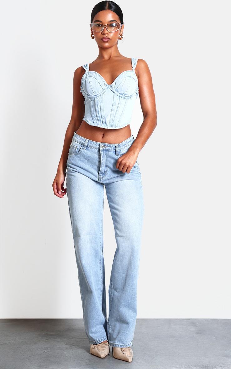 Light Blue Wash Dip Hem Bust Cup Denim Corset Product Image