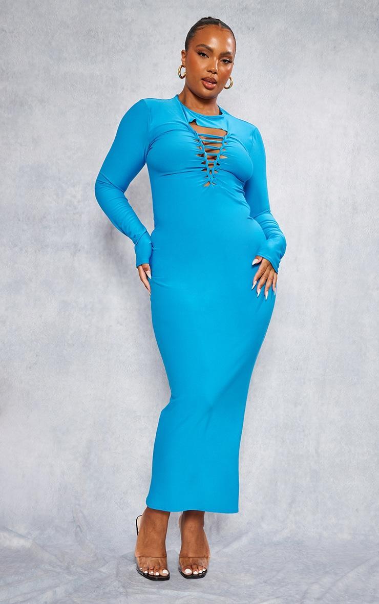 Plus Bright Blue Laser Cut Long Sleeve Maxi Dress Product Image