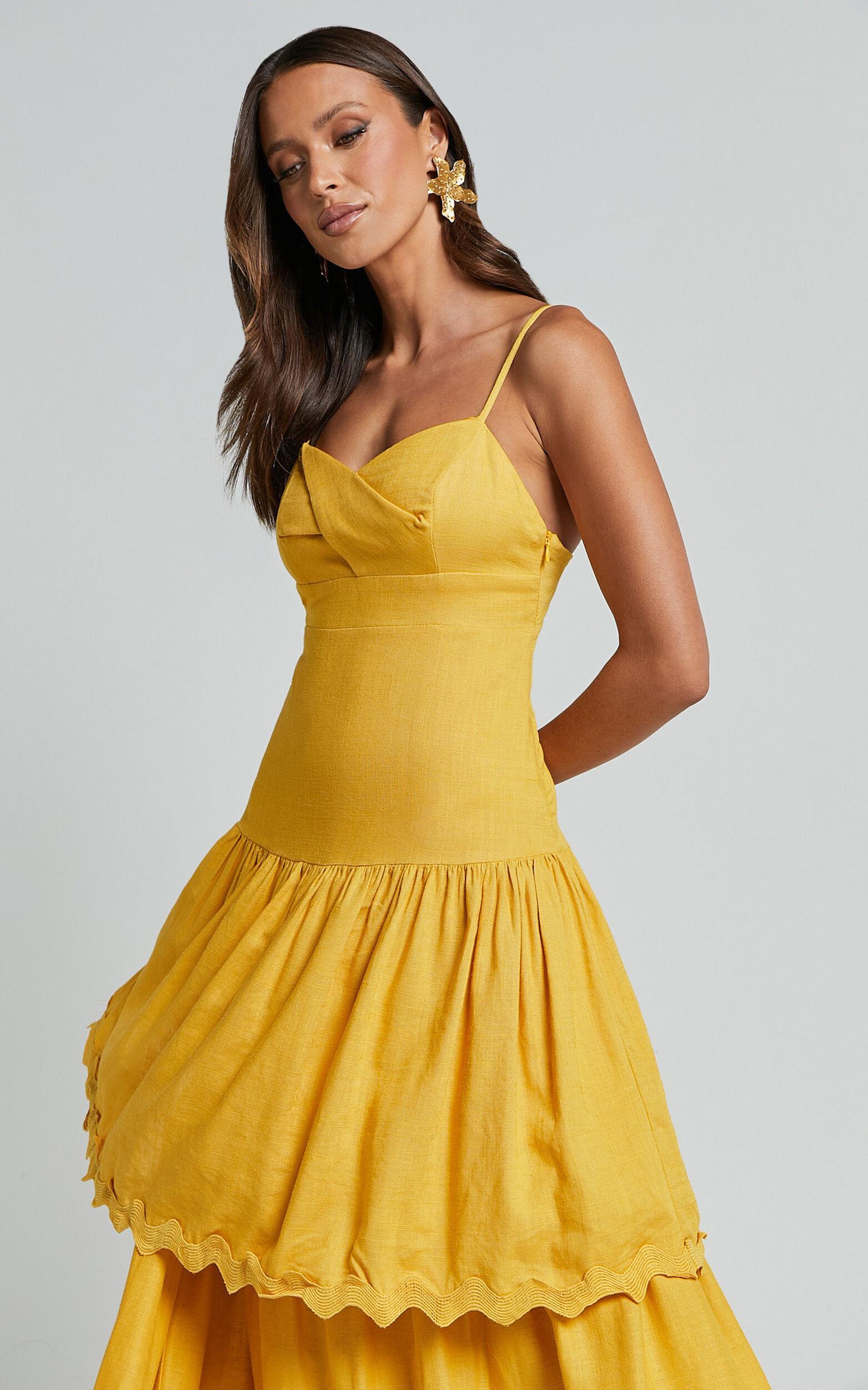 Amalie The Label - Cameo Linen Blend Low Back Tiered Midi Dress in Warm Yellow Gold Product Image