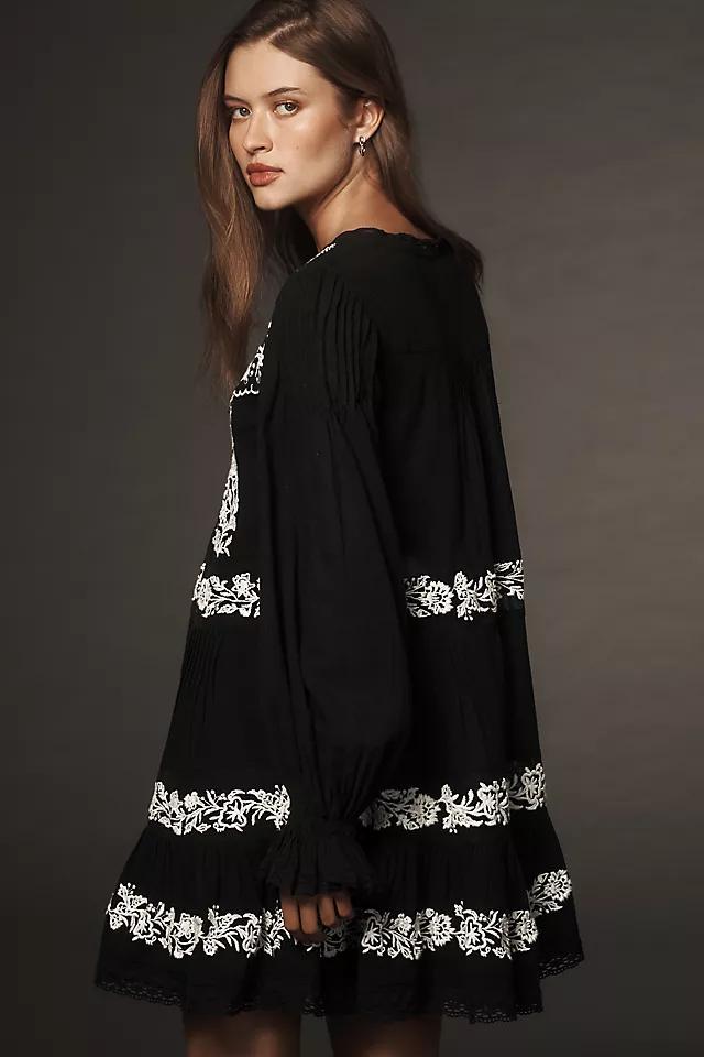 By Anthropologie Long-Sleeve Embroidered Pintuck Swing Mini Dress Product Image