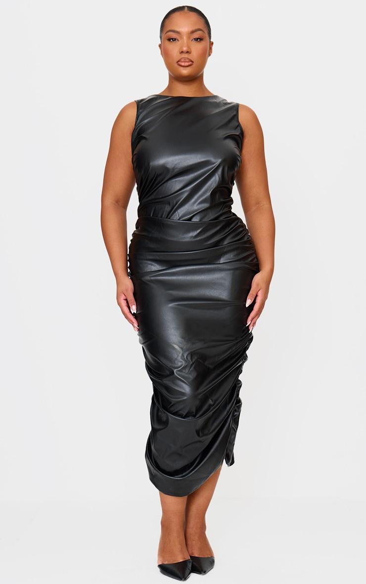 Plus Black Faux Leather Ruched Sleeveless Maxi Dress Product Image