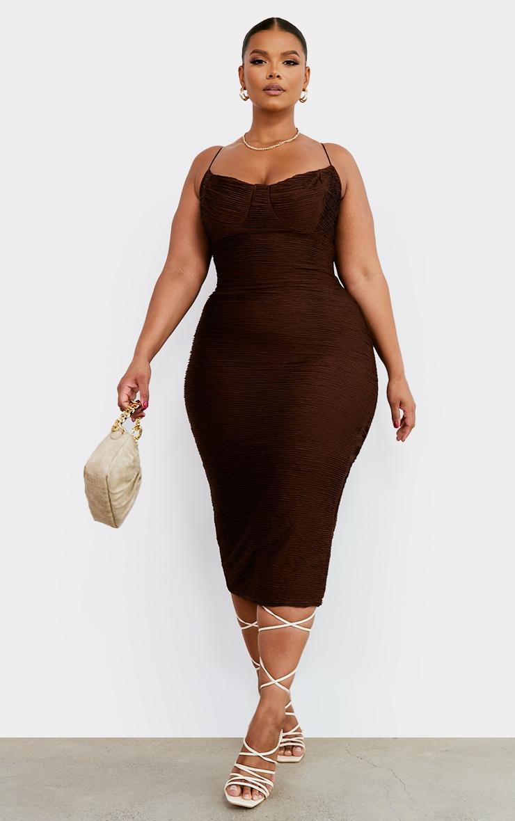 Plus Chocolate Textured Strappy Midi Dress Product Image