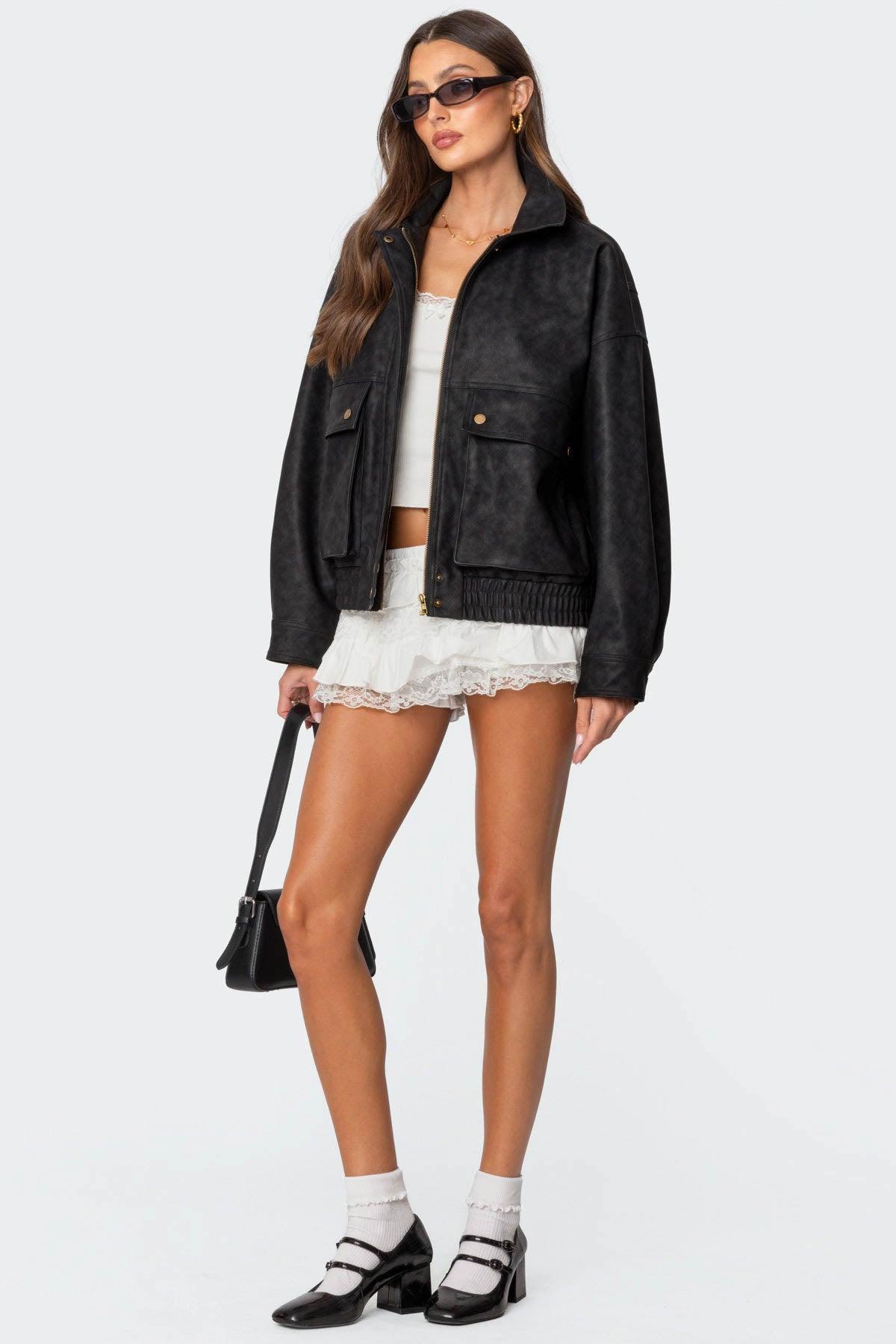 Cargo Faux Leather Bomber Jacket Product Image