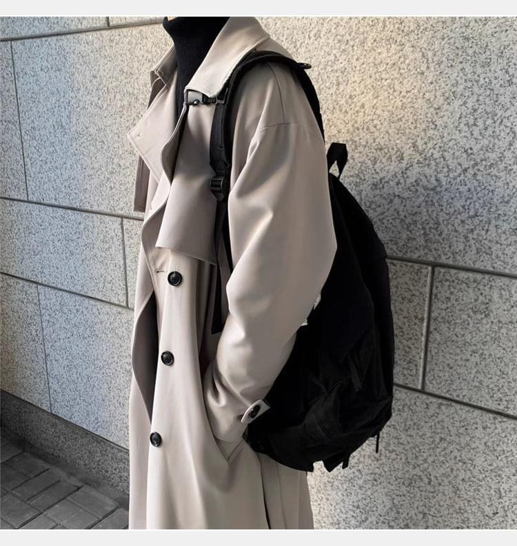 Lapel Collar Plain Double-Breasted Long Trench Coat Product Image