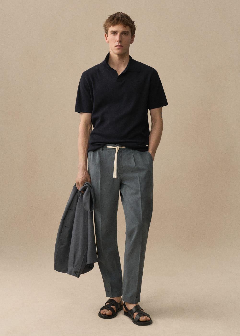 MANGO MAN - Linen-blend slim-fit pants with drawstring indigo blueMen Product Image