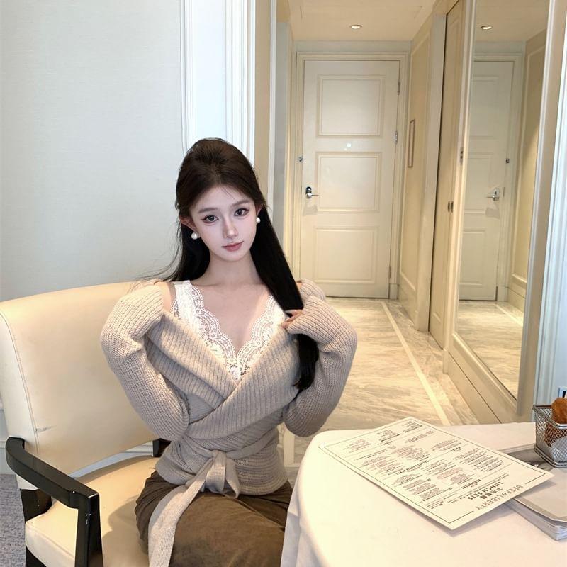 Long-Sleeve V-Neck Plain Sashed Ribbed Knit Top / Lace Tank Top Product Image