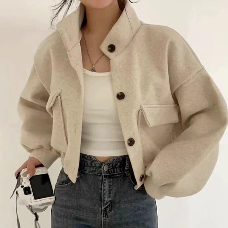 Stand Collar Plain Button-Up Crop Jacket Product Image