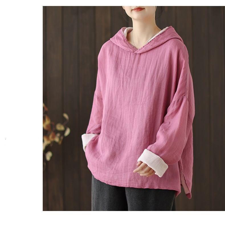 Long-Sleeve Plain Hooded T-Shirt Product Image