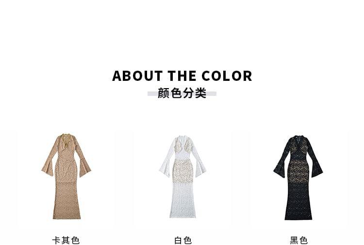 Bell Sleeve V-Neck Plain Lace Maxi Sheath Dress Product Image