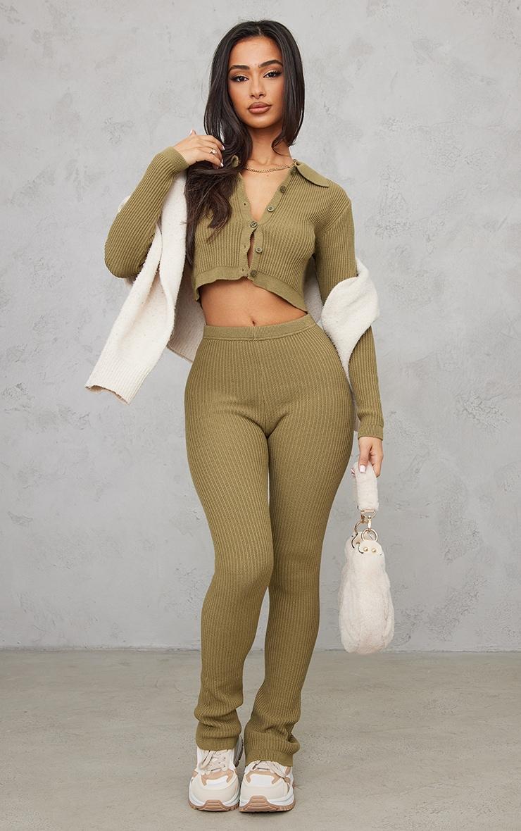 Petite Khaki Knitted Rib High Waisted Skinny Flare Pants Product Image