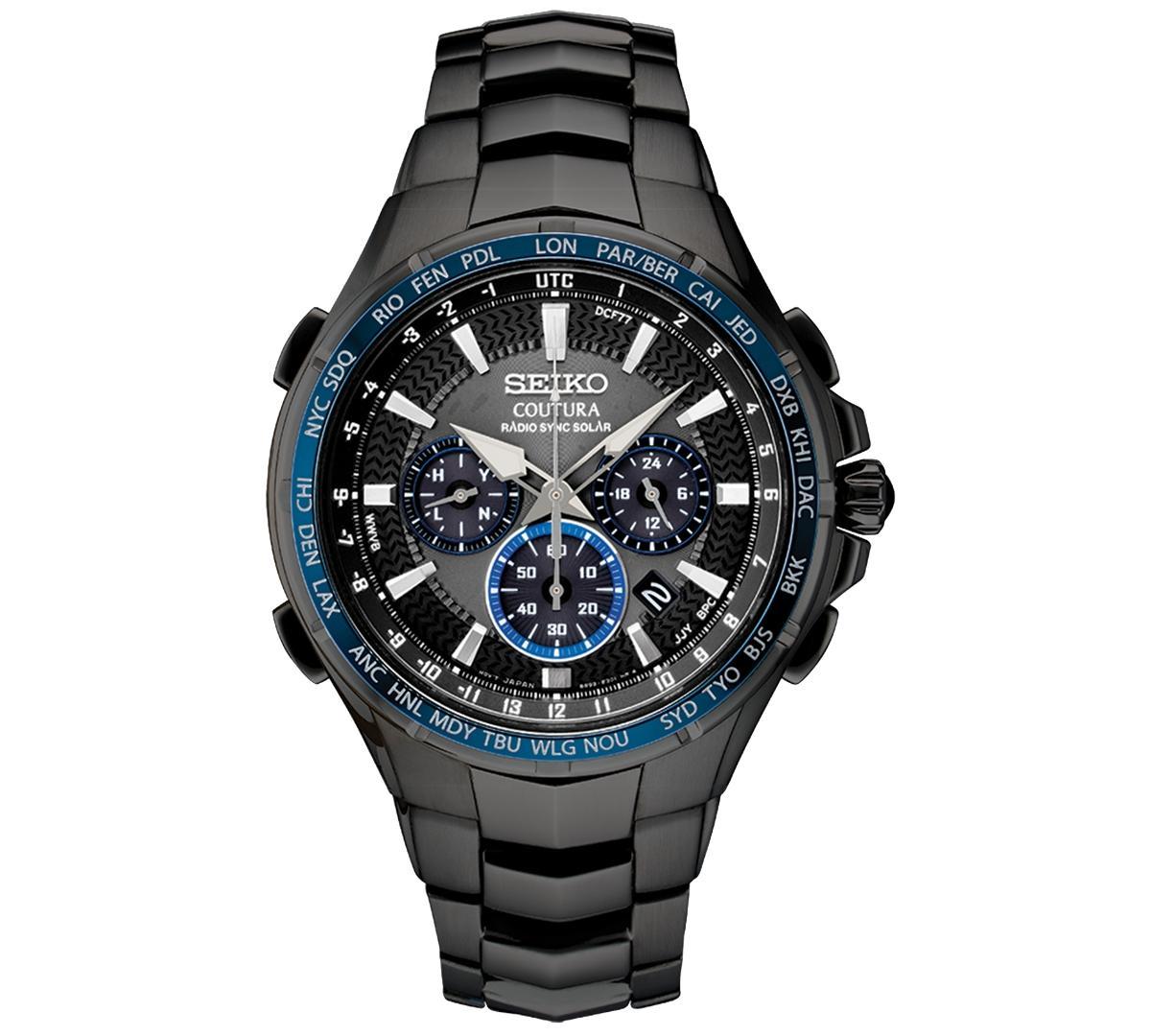 Seiko Mens Radio Sync Solar Chronograph Coutura Black Stainless Steel Bracelet Watch 44.5mm Product Image