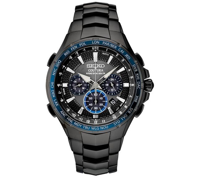 Seiko Mens Radio Sync Solar Chronograph Coutura Black Stainless Steel Bracelet Watch 44.5mm Product Image