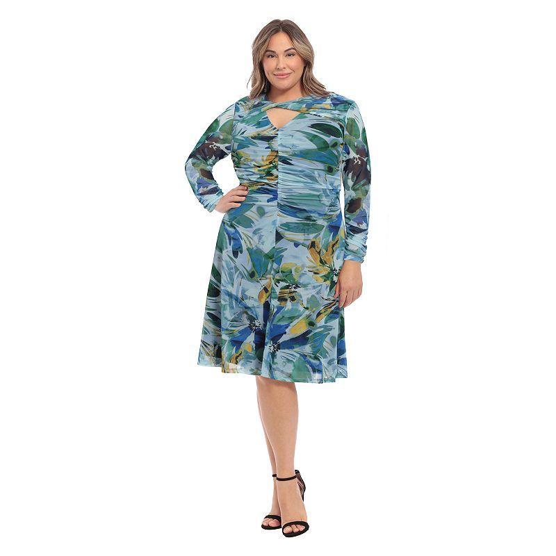 Plus Size London Times Twist Neck Shirred Midi Dress, Womens Blue Blue Product Image