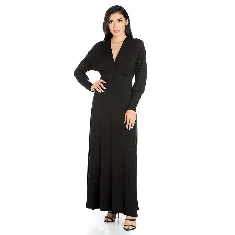 Womens 24seven Comfort Apparel V-Neck Long Sleeve Flared Maxi Dress Black Product Image