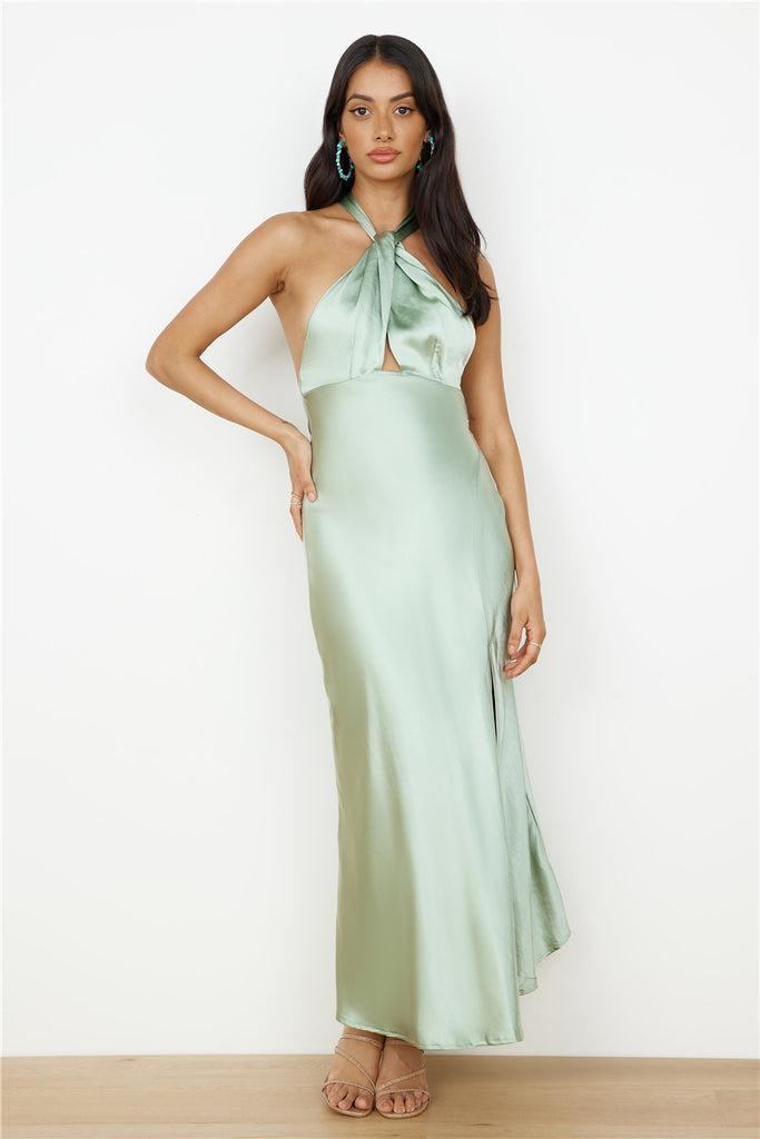 In My Feelings Satin Maxi Dress Sage Product Image