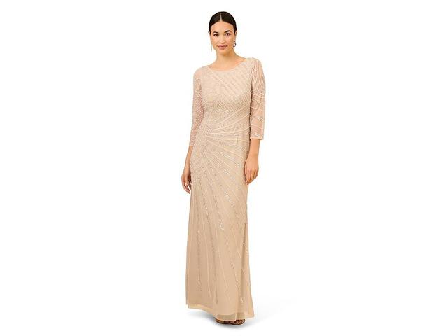 Adrianna Papell Long Sleeve Beaded Long Gown with Starburst Bead Pattern (Biscotti) Women's Dress Product Image