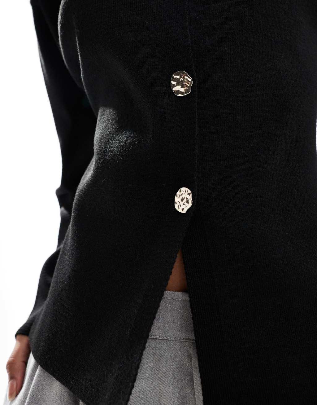 ASOS DESIGN knitted structured crew neck cardigan with gold buttons in black Product Image