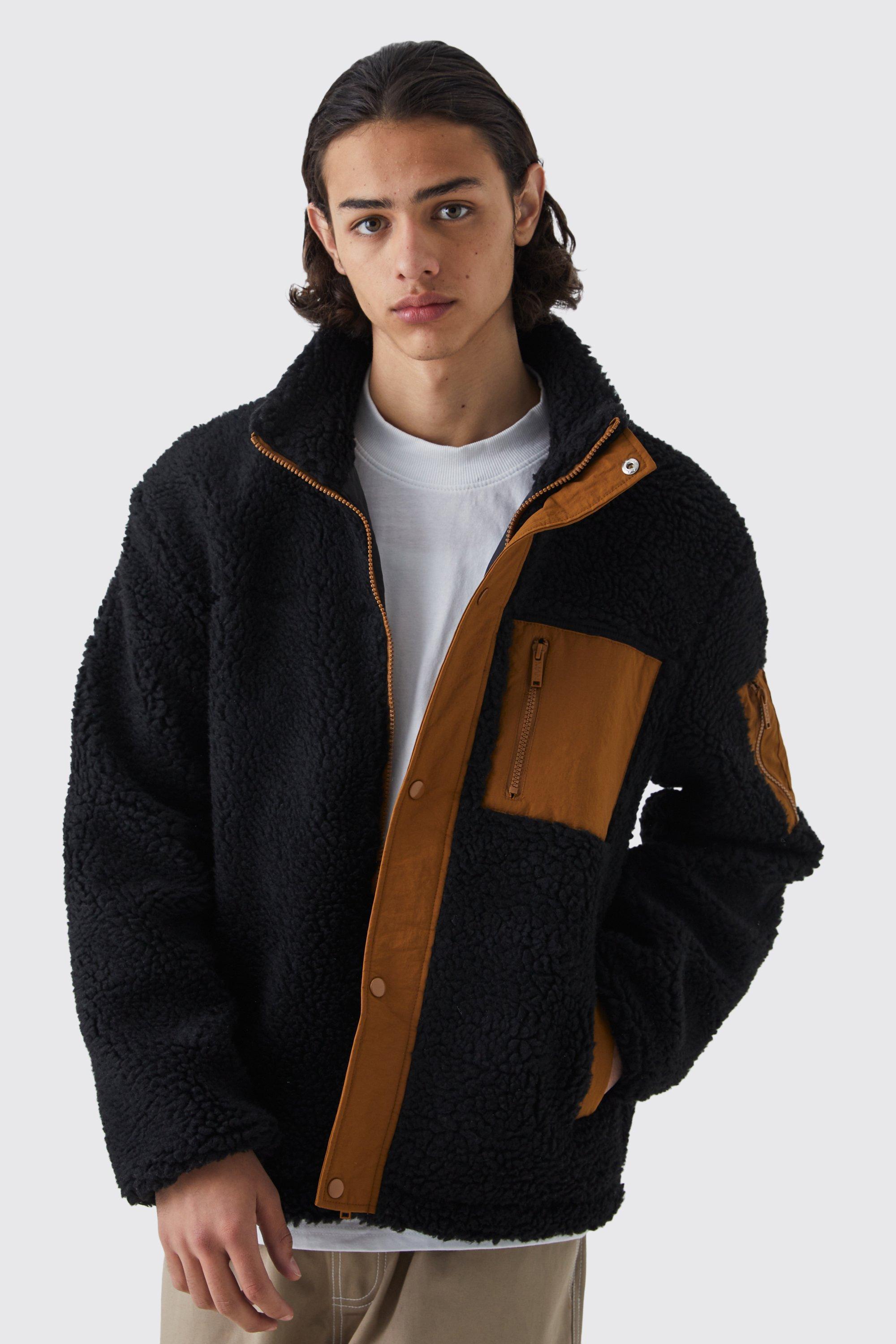 Borg & Nylon Mix Funnel Neck Jacket | boohooMAN USA Product Image