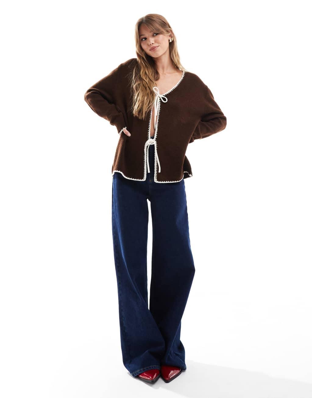 ASOS DESIGN v neck knitted oversized tie front cardigan in chocolate Product Image