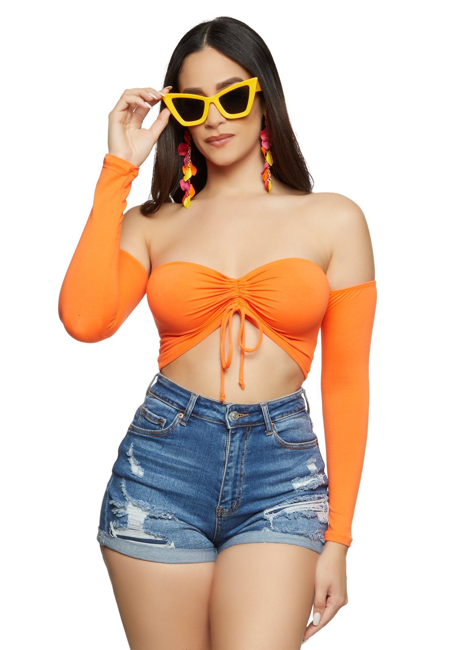 Womens Almost Famous Ruched Off the Shoulder Crop Top Product Image