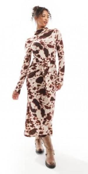 ASOS DESIGN chunky ribbed maxi dress with wrap waist in cow print-Multi Product Image