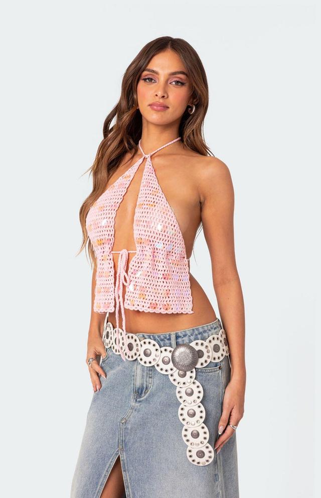 Edikted Women's Sequin Crochet Open Back Top Product Image