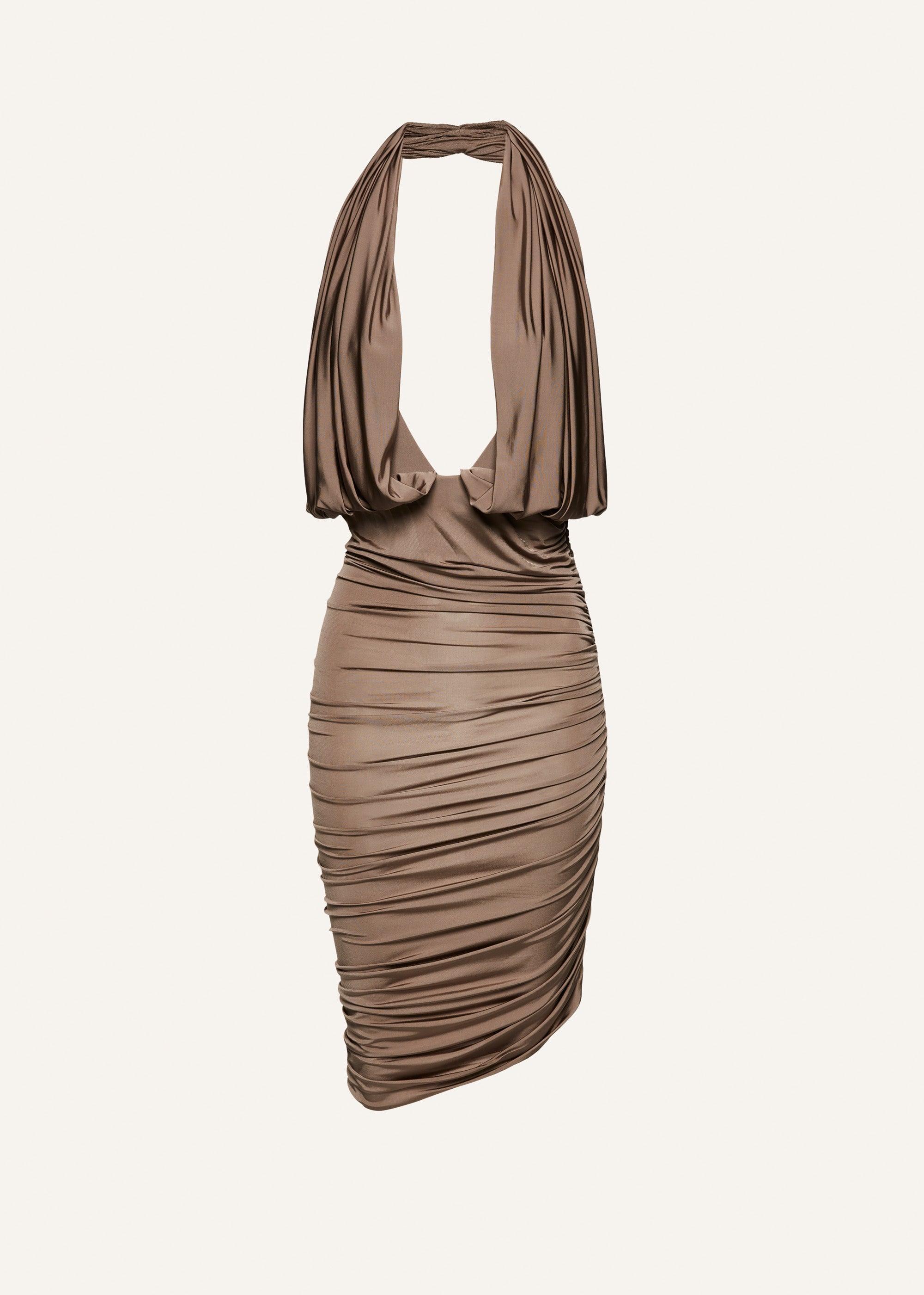 Plunge halter jersey midi dress in beige Product Image