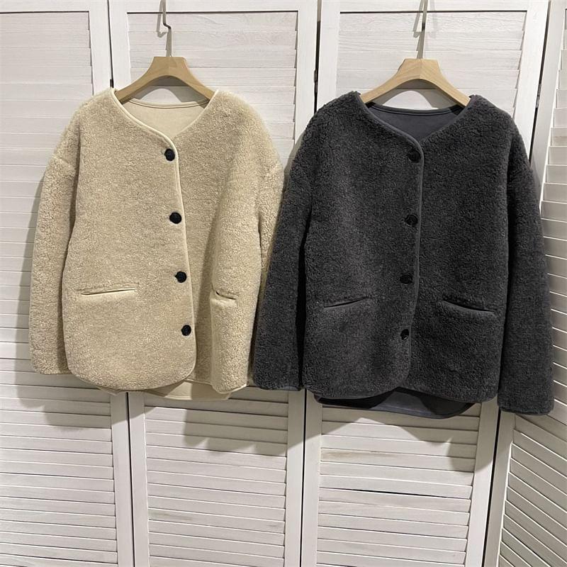 Round Neck Plain Fleece Button Jacket Product Image