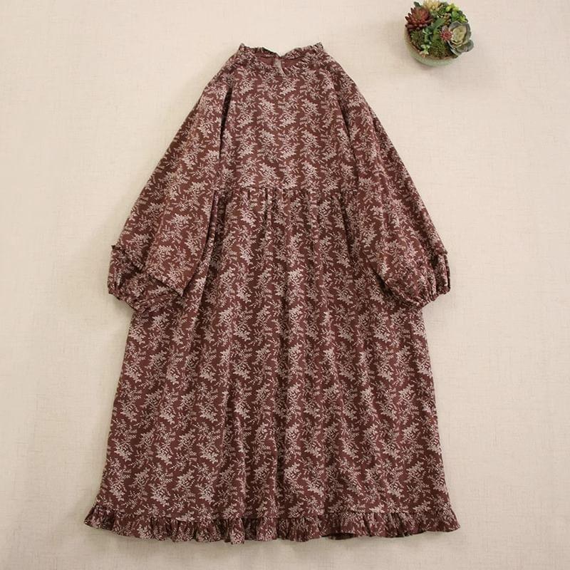 Puff-Sleeve Floral Midi Smock Dress Product Image