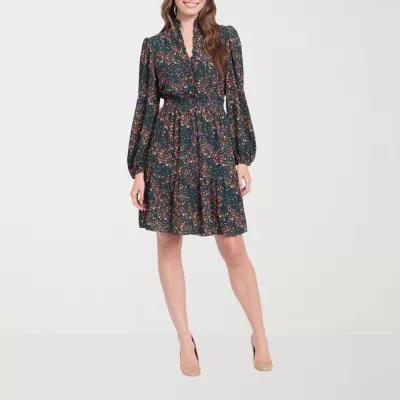 London Times Womens Long Sleeve Floral Fit + Flare Dress Product Image